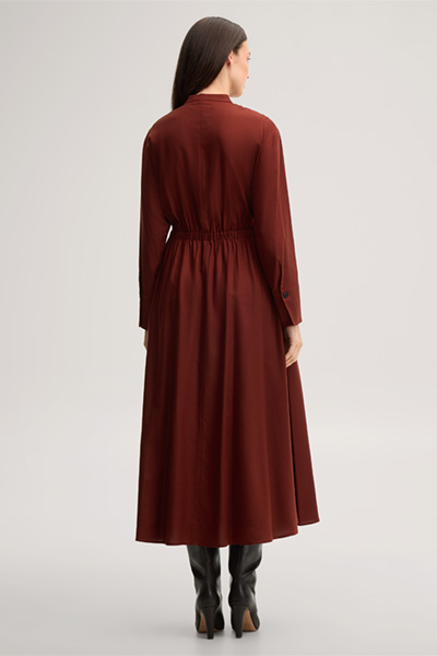 Leads to product detail page "Dark red wool crepe dress with a stand-up collar"