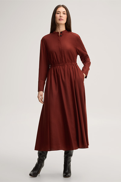 Leads to product detail page "Dark red wool crepe dress with a stand-up collar"