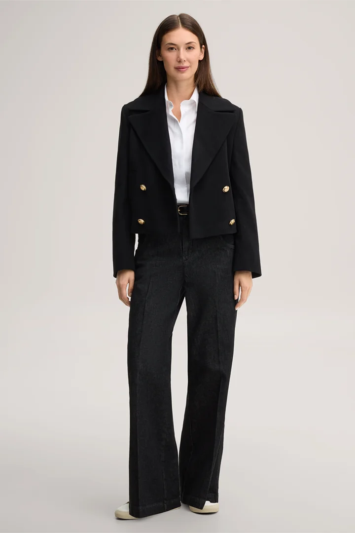 Leads to product detail page "Black virgin wool blend spencer jacket with cashmere"