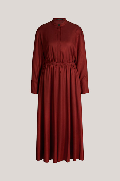 Dark red wool crepe dress with a stand-up collar