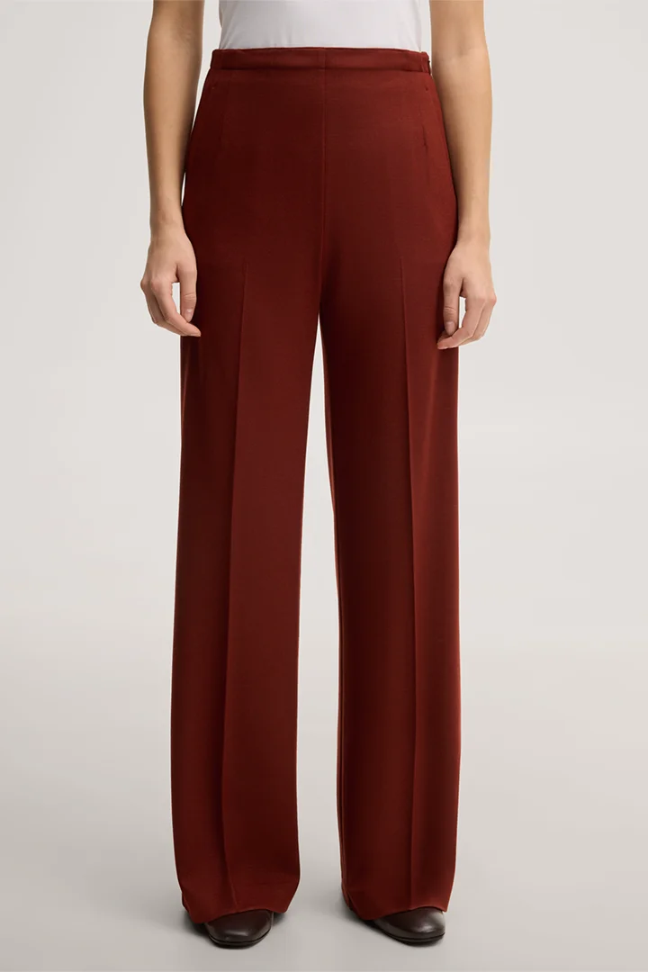 Leads to product detail page "Dark red flannel and wool jersey Marlene trousers"