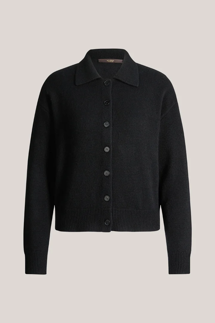 windsor. presents the product Cashmere cashmere cardigan with a polo collar in black from the category Knitwear as a cut-out