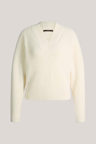 Leads to product detail page "Ecru merino knit jumper with a V-neck"