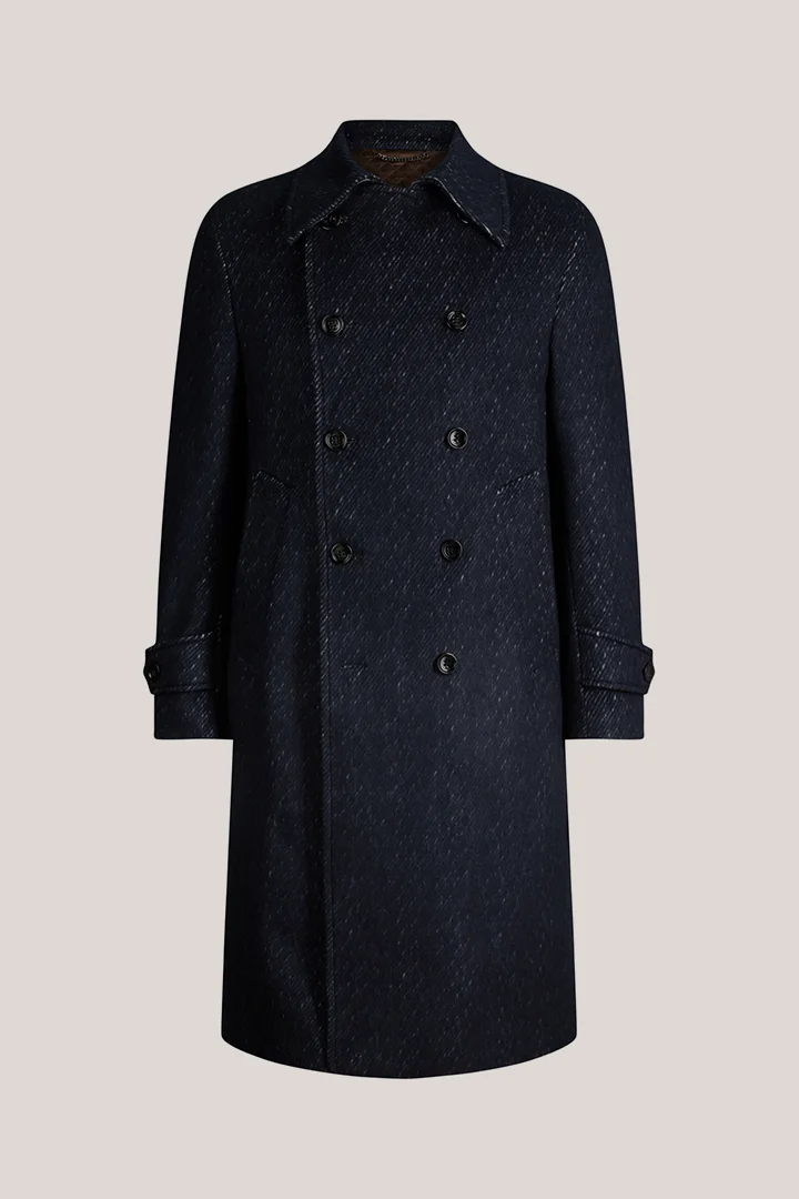 Cashmere double-breasted coat with cotton in denim blue