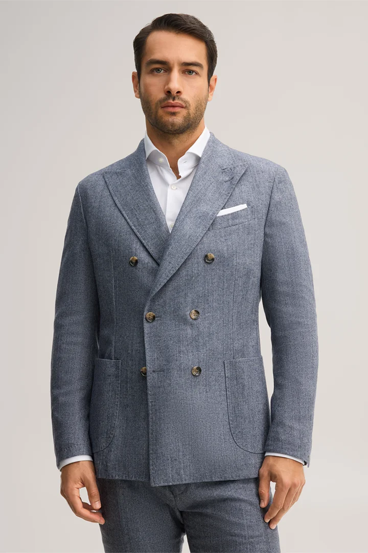 Leads to product detail page "Wool-blend modular double-breasted jacket in marl blue"
