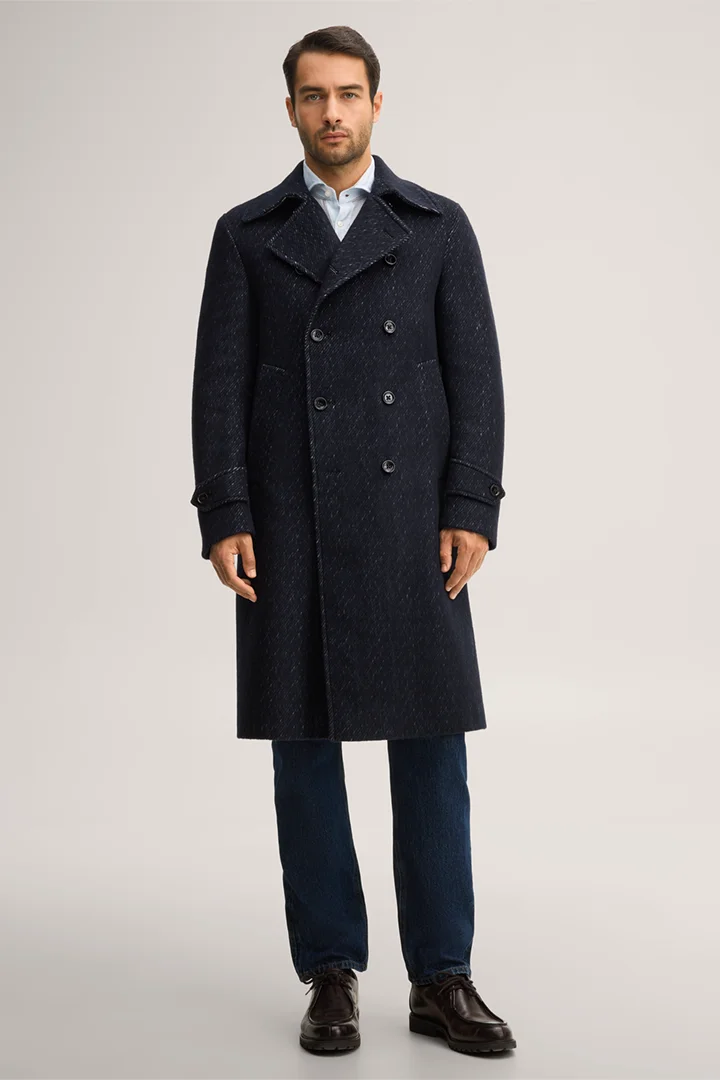Leads to product detail page "Cashmere double-breasted coat with cotton in denim blue"