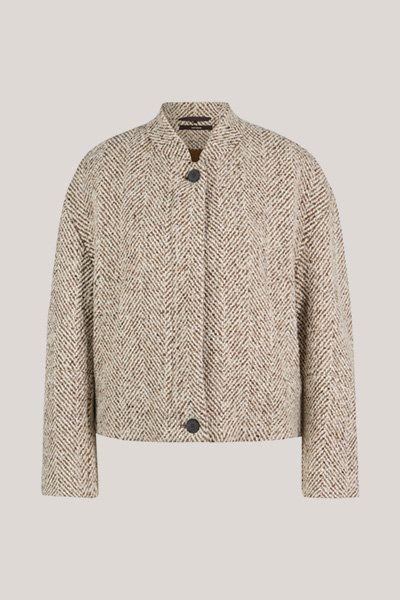 Mène à la page produit « Blouson en tweed mélangé laine, motif à chevrons écru-marron-gris »