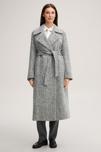 Führt zu Produktdetailseite „Wollmix-Tweed-Robenmantel in Herringbone Ecru-Schwarz-Grau"