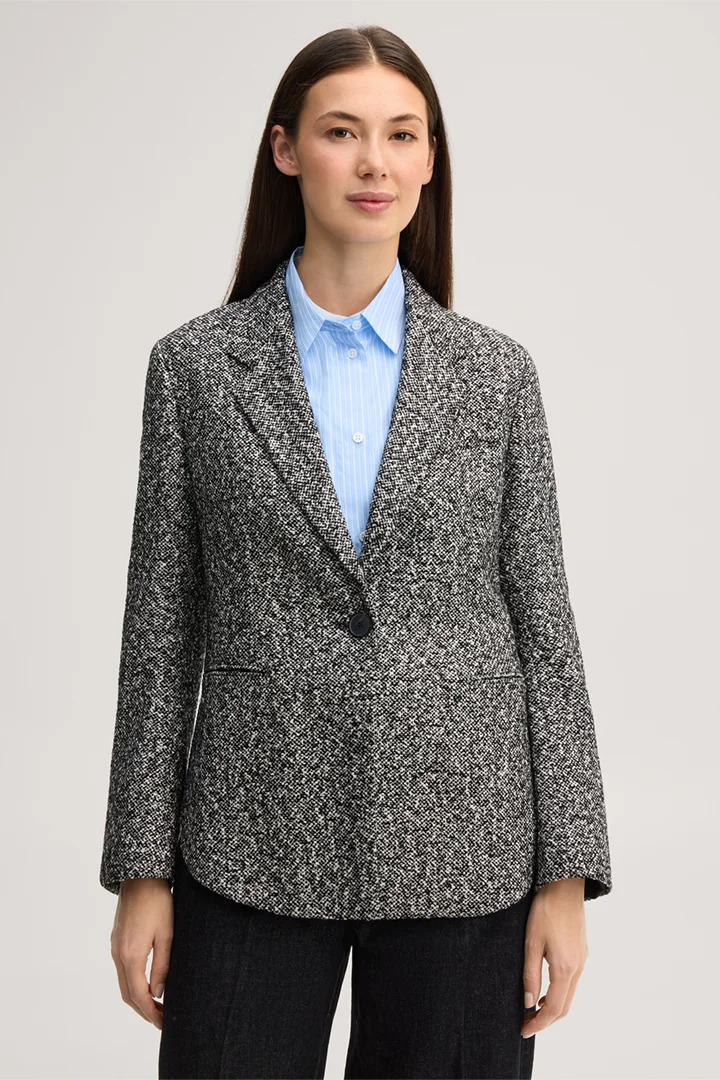 Führt zu Produktdetailseite „Schurwoll-Tweed-Blazer in Schwarz-Weiß"