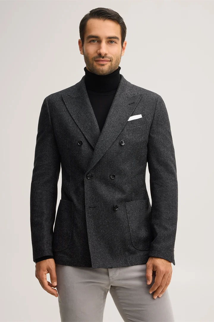 Leads to product detail page "Wool-blend double-breasted jacket with silk in anthracite-black"