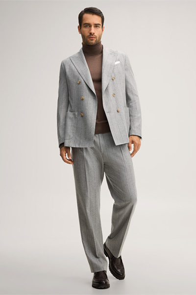 Leads to product detail page "Wool-blend modular trousers with pleats at the waist in grey with pinstripes"