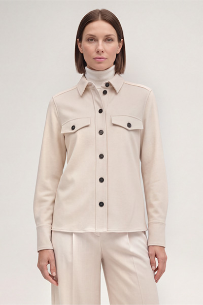 Leads to product detail page "Wool Jersey Shirt-style Blouse in Light Beige"