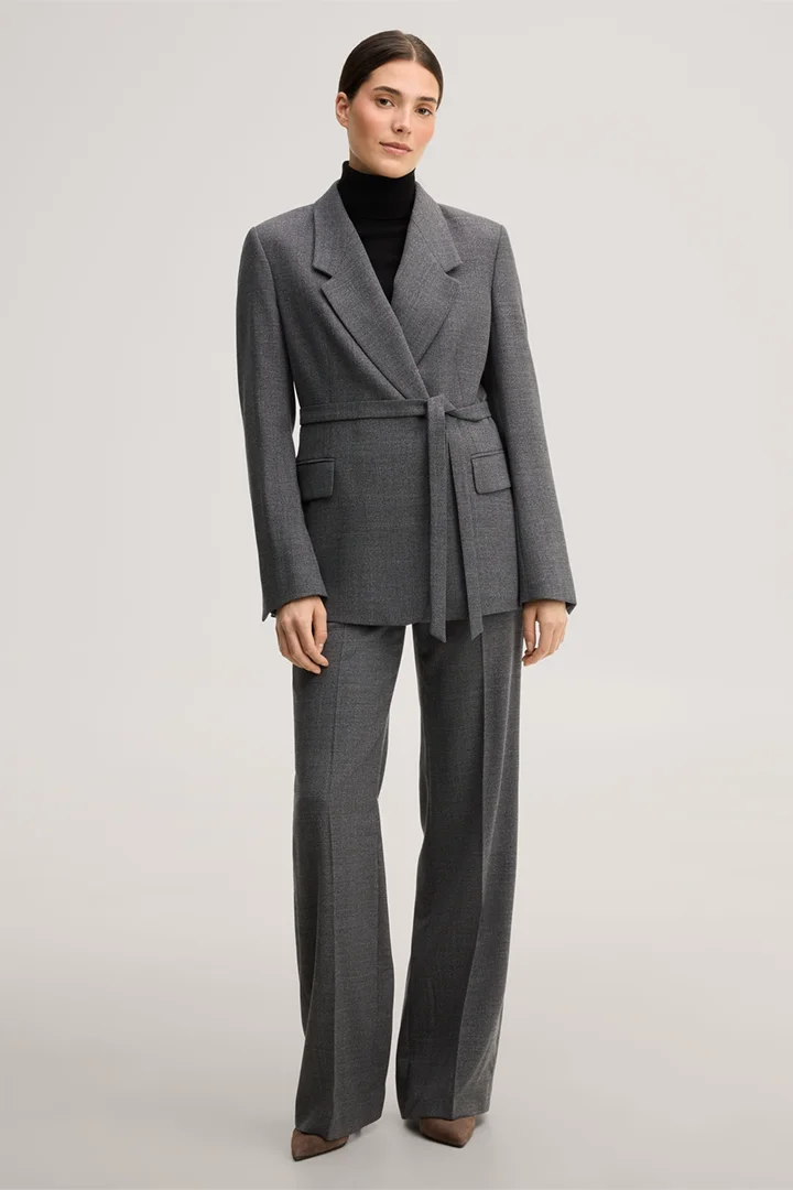 Leads to product detail page "Virgin wool marlene trousers with a mouline texture in dark grey"