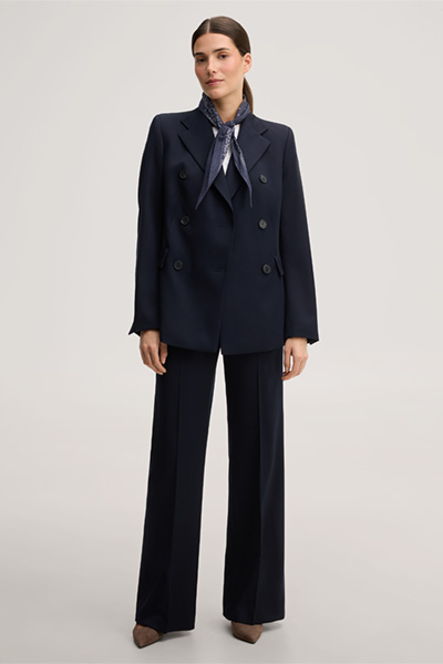 Leads to product detail page "Navy blue virgin wool double-breasted blazer"