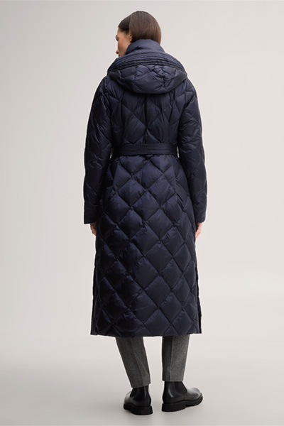 Leads to product detail page "Nylon down-filled quilted coat with stand-up collar in navy blue"