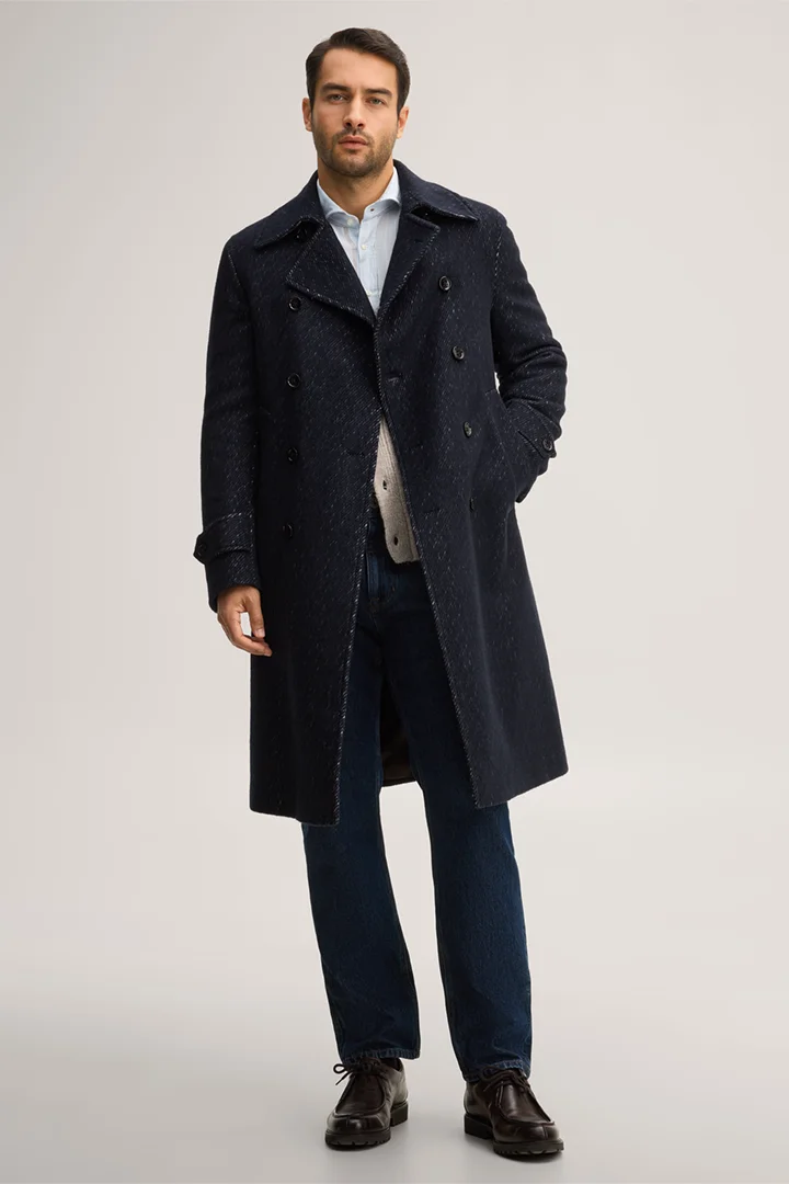 Leads to product detail page "Cashmere double-breasted coat with cotton in denim blue"