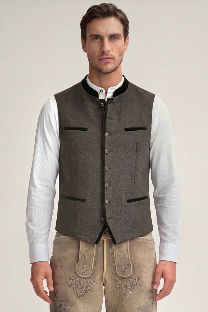Leads to product detail page "Au Traditional Costume Waistcoat with Stand-up collar in Taupe with Velvet Details"