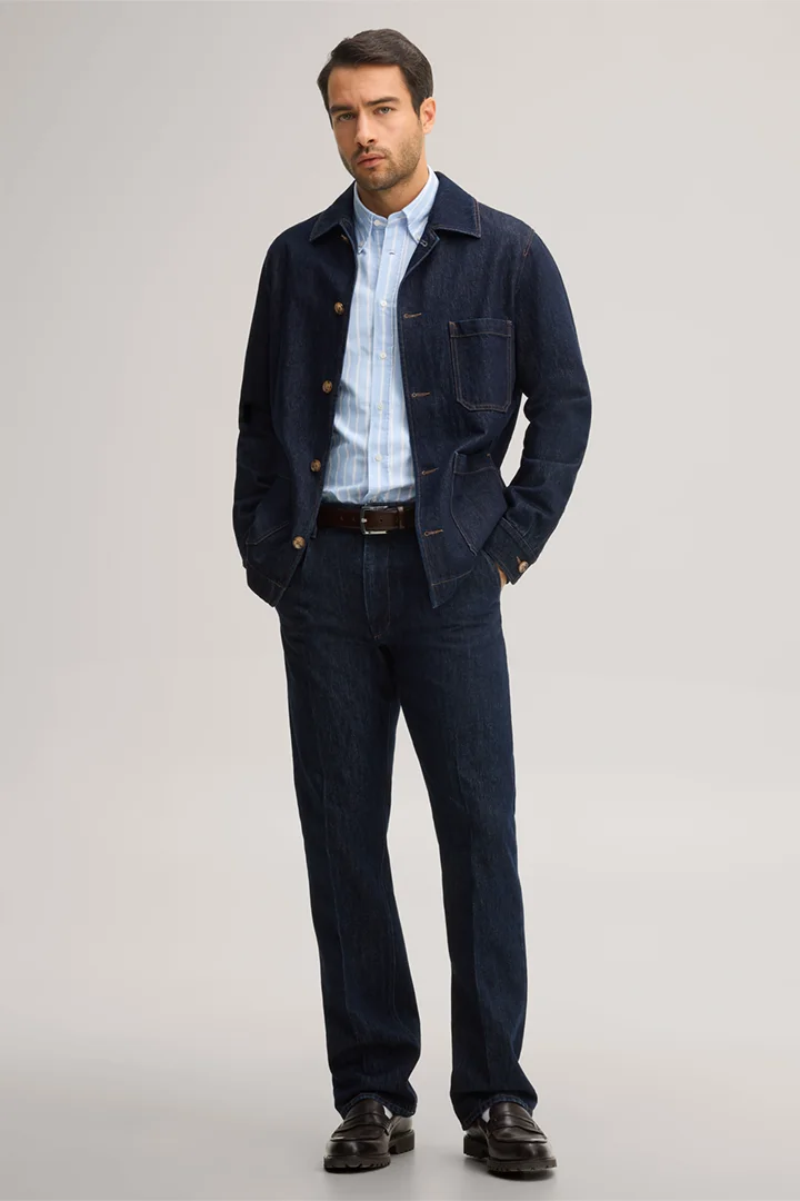 Leads to product detail page "Cotton denim overshirt with a shirt collar in dark blue"