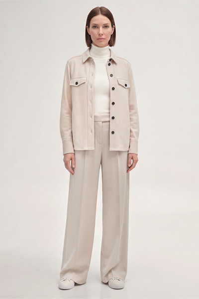 Leads to product detail page "Wool jersey marlene trousers with wide legs in light beige"
