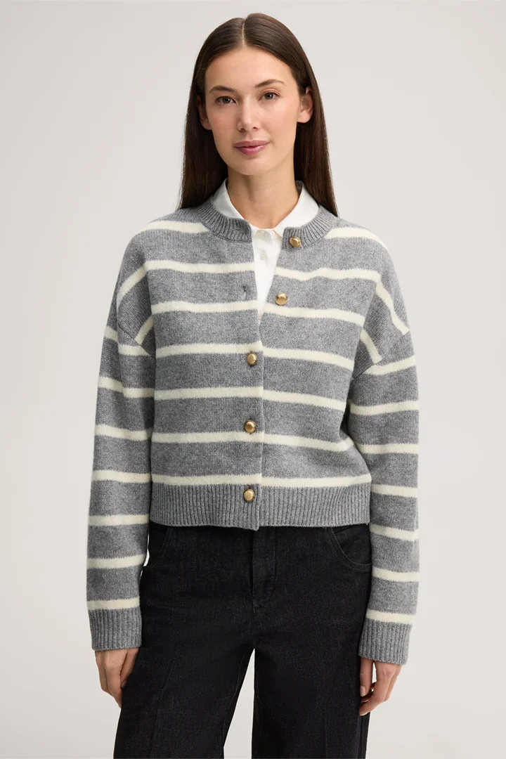 Leads to product detail page "Wool-blend yak cardigan in marl grey and ecru"