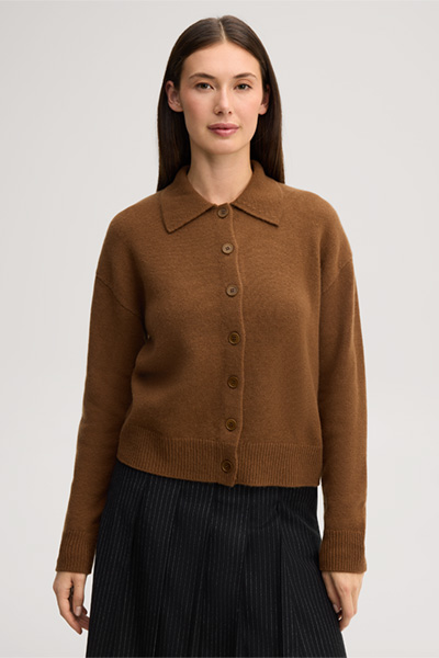Leads to product detail page "Cashmere cardigan with a polo collar in caramel"