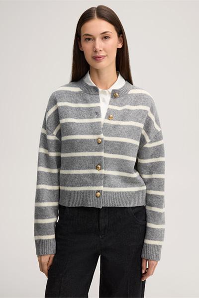 Leads to product detail page "Wool-blend yak cardigan in marl grey and ecru"