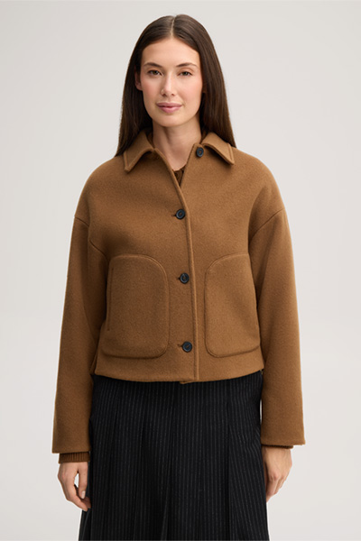 Leads to product detail page "Brushed wool jacket with a turn-down collar in caramel"
