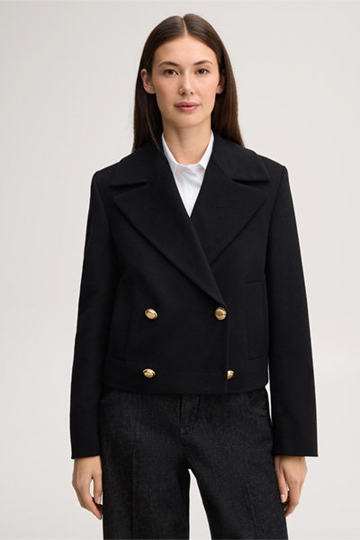 Leads to product detail page "Black virgin wool blend spencer jacket with cashmere"