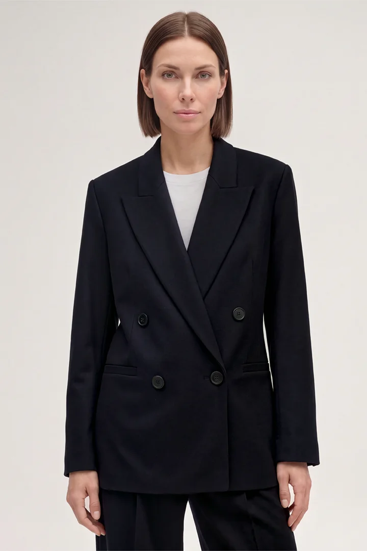 Leads to product detail page "Wool Jersey Double-breasted Blazer in Navy"