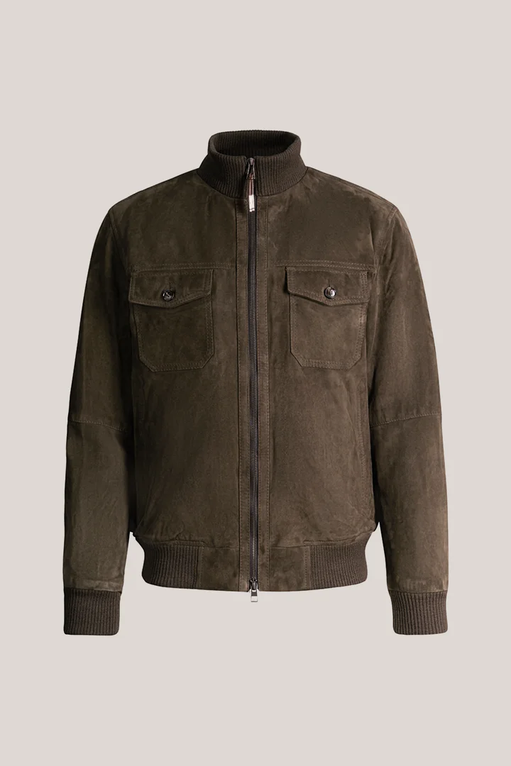 Ziegenvelours-Leder-Blouson in Oliv
