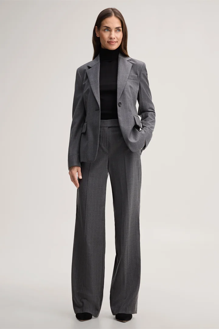 Leads to product detail page "Pinstripe Flannel Marlene Trousers in Grey"