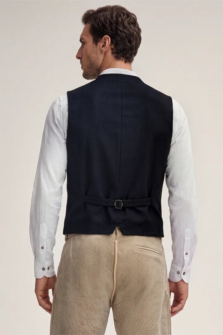 Leads to product detail page "Ammersee Traditional Costume Waistcoat with Stand-up collar in a Navy and Bordeaux Pattern"