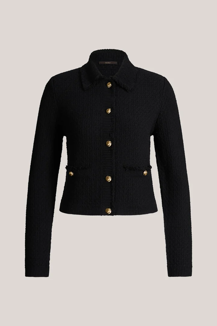 Leads to product detail page "Black fringed tweed knitted cardigan"