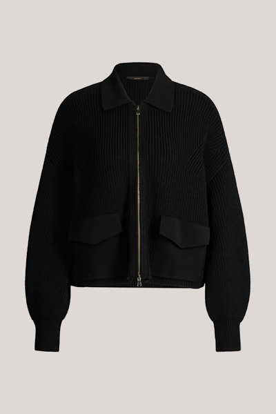 Leads to product detail page "Black merino knitted zip-up cardigan"