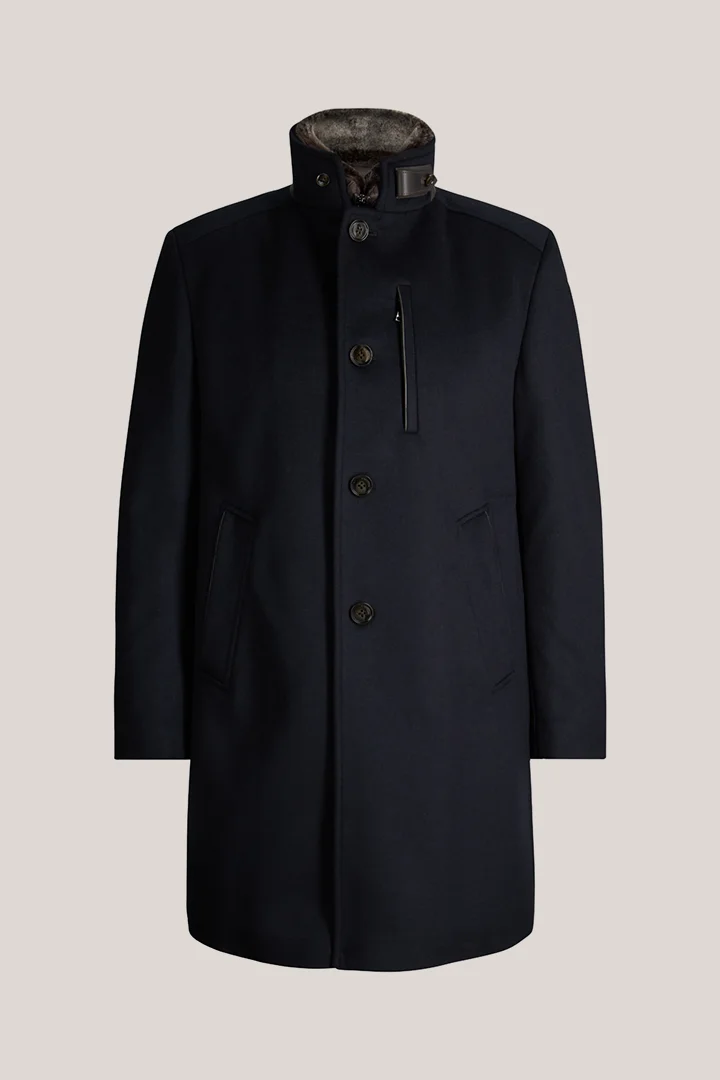 Leads to product detail page "Wool-blend stand-up collar coat with cashmere in navy blue"