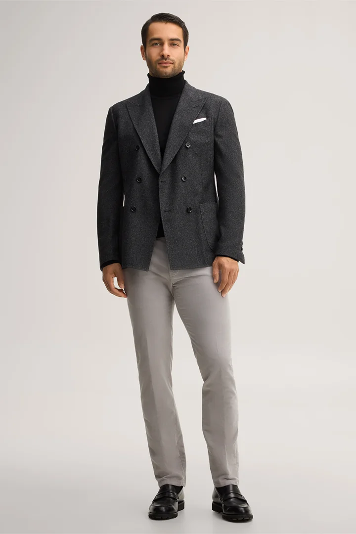 Leads to product detail page "Wool-blend double-breasted jacket with silk in anthracite-black"