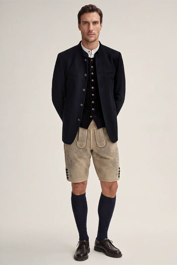 Leads to product detail page "Ammersee Traditional Costume Waistcoat with Stand-up collar in a Navy and Bordeaux Pattern"
