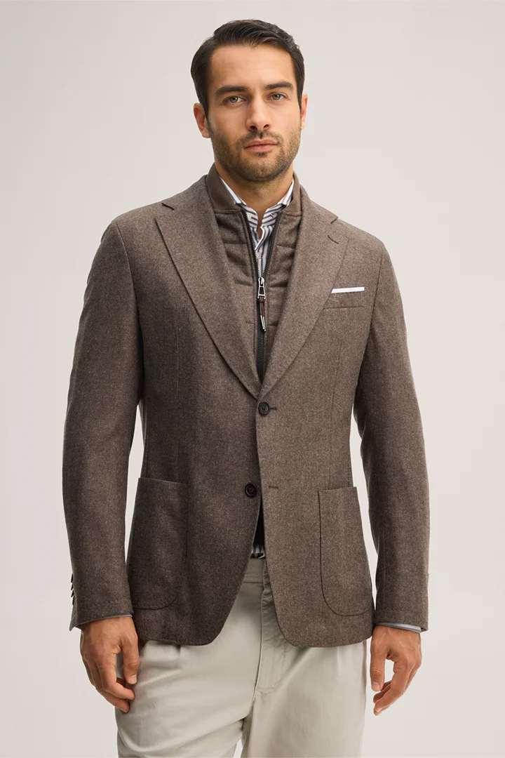 Leads to product detail page "Wool-blend suit jacket with inlay in brown"