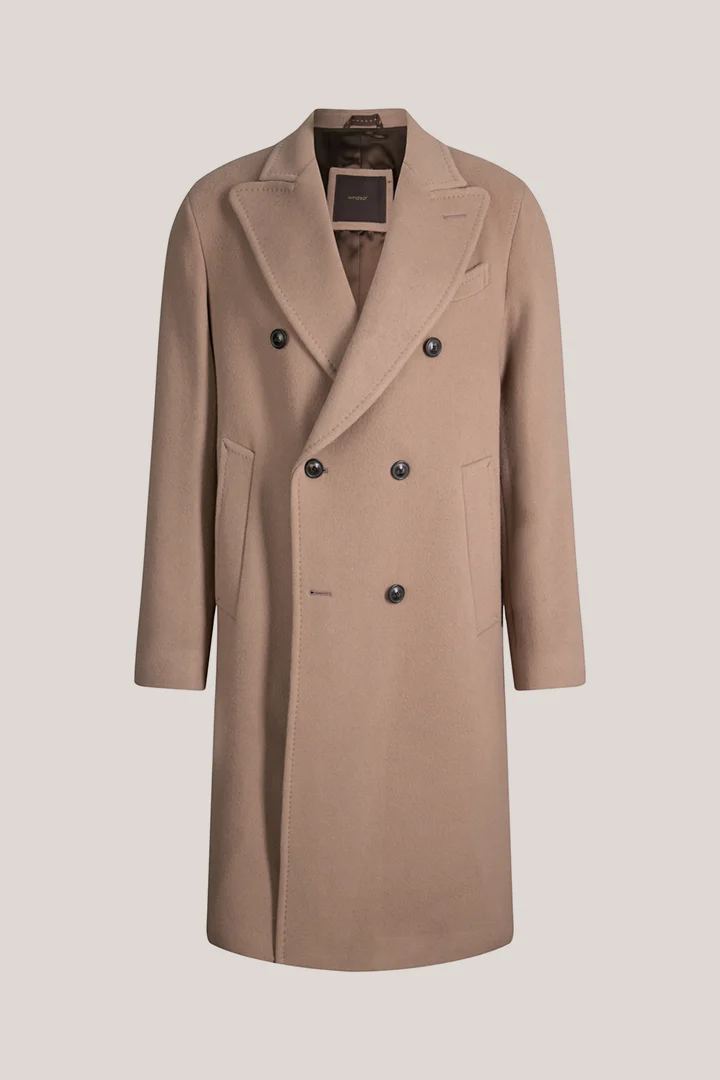 Veste à double boutonnage en laine mélangée et cachemire, couleur marron clair