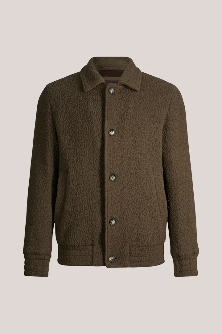 Schurwollmix-Blouson-Jacke mit Hemdkragen in Oliv