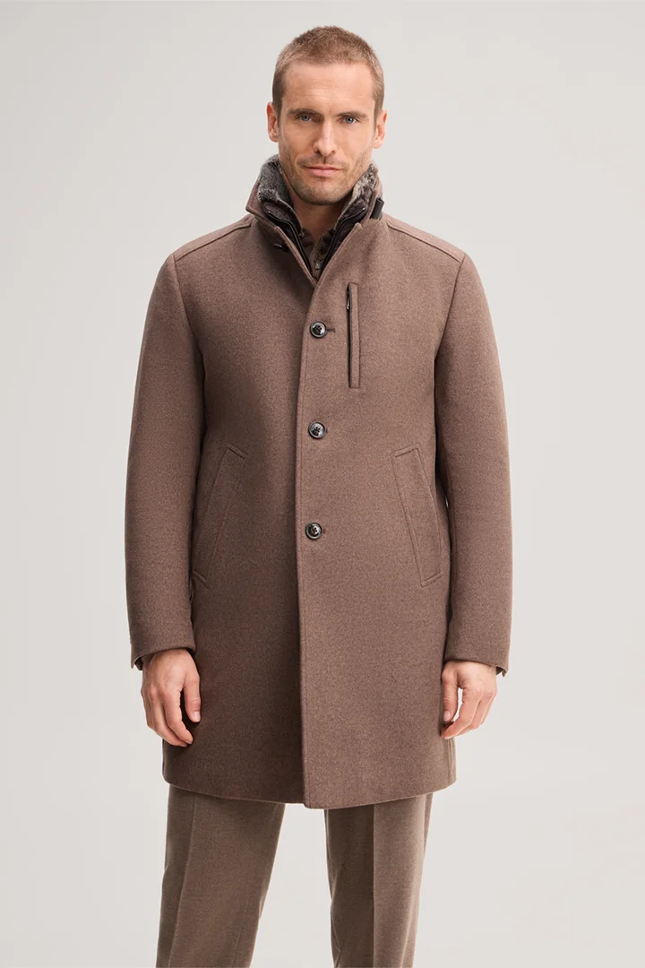 Leads to product detail page "Brown wool-blend stand-up collar coat with cashmere"