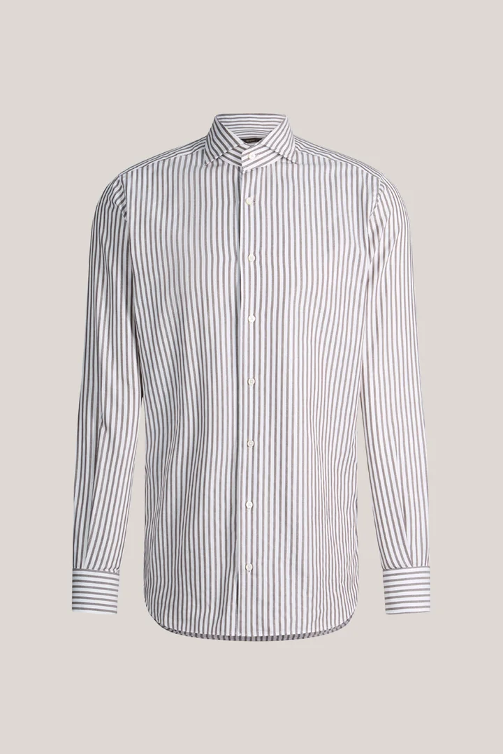 Leads to product detail page "Brown and white striped cotton shirt"