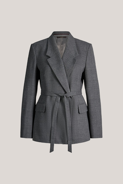 Schurwoll-Blazer mit Mouline Struktur und Gürtel in Dunkelgrau