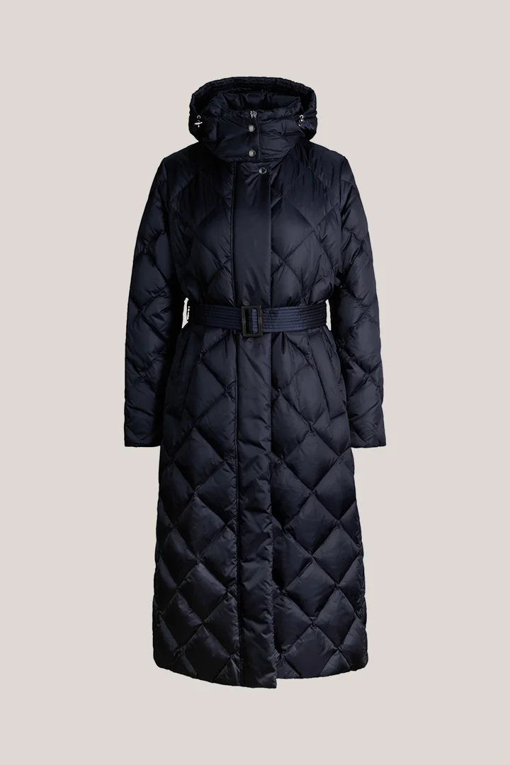 Leads to product detail page "Nylon down-filled quilted coat with stand-up collar in navy blue"