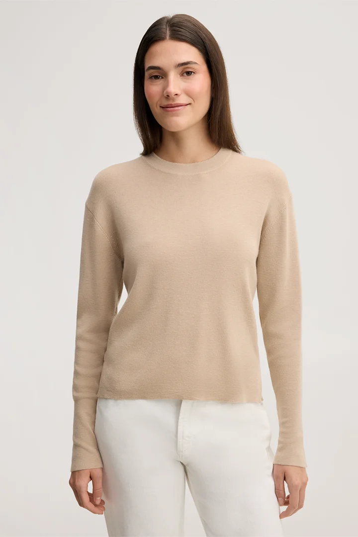 Leads to product detail page "Beige merino fine-knit crew-neck jumper with silk"