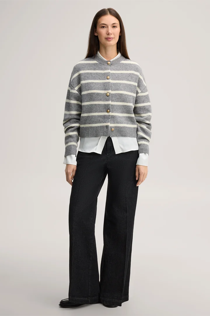 Leads to product detail page "Wool-blend yak cardigan in marl grey and ecru"