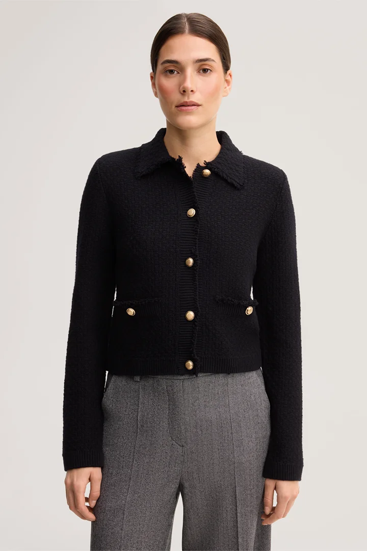 Leads to product detail page "Black fringed tweed knitted cardigan"