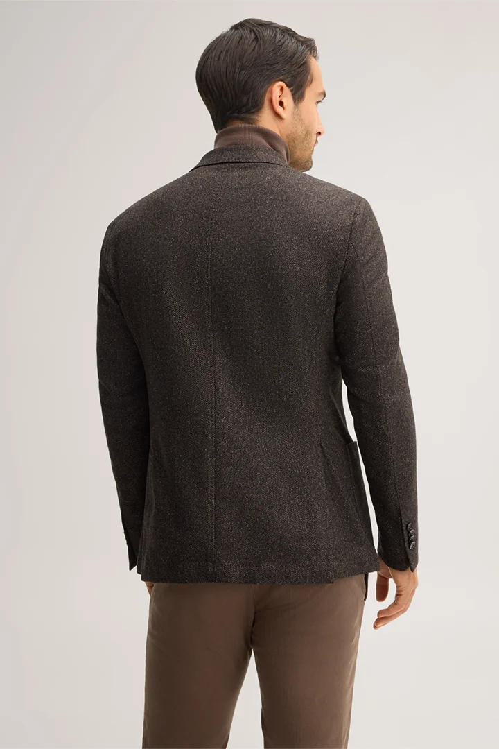 Leads to product detail page "Wool-blend suit jacket with silk, in marl brown"