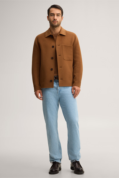 Leads to product detail page "Double-faced woollen overshirt with a shirt collar in brown"