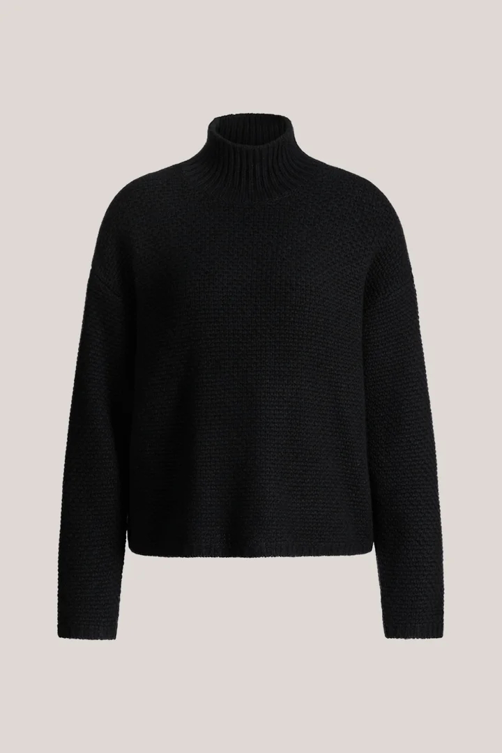 Leads to product detail page "Black cashmere stand-up collar jumper"